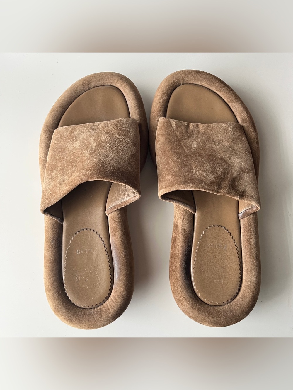 Christian Louboutin Women's Suede Slide Sandals in Taupe